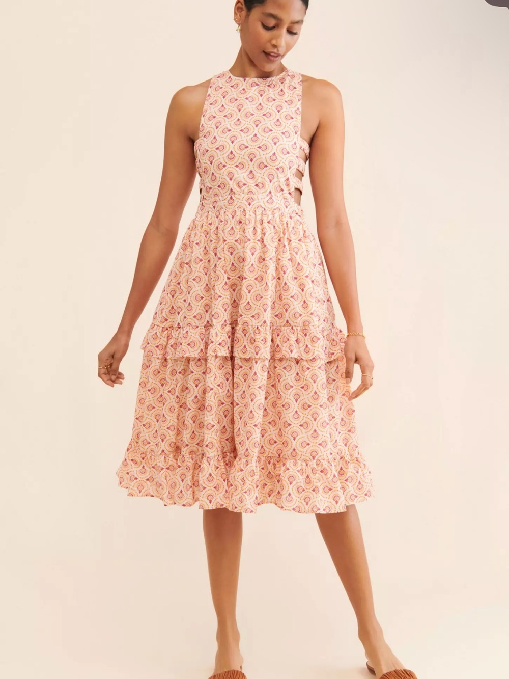 Sleeveless Pink Printed Tiered Midi Dress